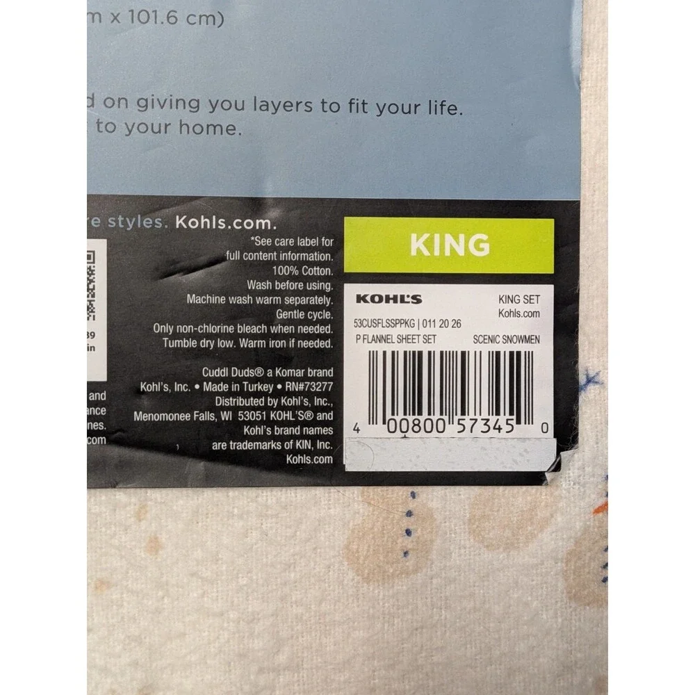 NEW Cuddl Duds King Heavyweight Cotton Flannel Sheet Set Scenic Snowmen